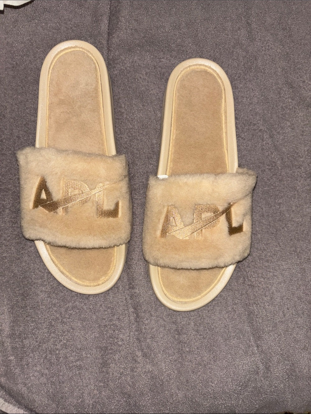 APL Plush Shearling Slide Sandals in Tan